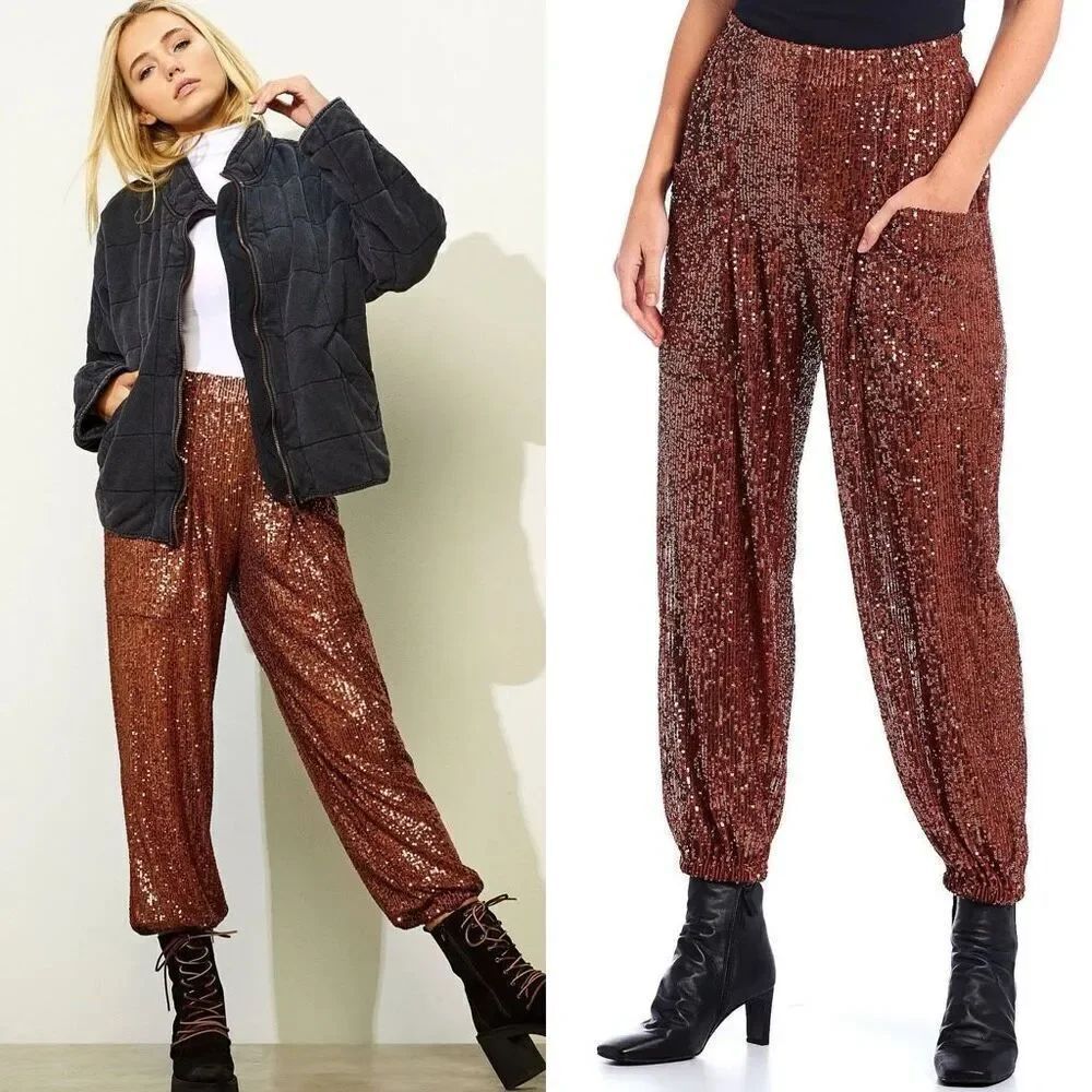 Free People Morelia Sequin Joggers Sz L Boho Glam Whimsy Party Celebration